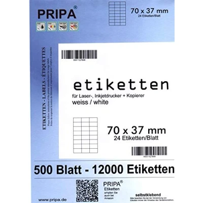 Abbildung von pripa Amazon FBA Versand Etiketten 70,0 x 37,0 mm 24 Stueck auf A4 Großpackung 500 Blatt DIN selbstklebende DHL Post