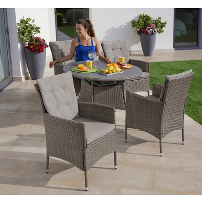 Abbildung von KONIFERA Garten Essgruppe &quot;Mailand&quot;, (Set, 13 tlg., 4 Sessel, Tisch Ø 100 cm, inkl. Auflagen), Polyrattan, Stahl, Braun, Tischplatte aus Sicherheitsglas