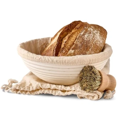 Abbildung von Praknu Gärkorb für Brot Rund 25 cm 1kg Gärkörbchen Brotteig zum Brotbacken, Aus nachhaltigem Rattan Geruchsneutral Mit Backutensilien
