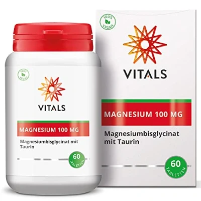 Abbildung von Vitals Magnesium Bisglycinat 100mg mit Taurin 60 Tabletten Hochdosiert. Hochwertiges Aminosäurechelat, Magnesiumbisglycinat, 100% Vegan.