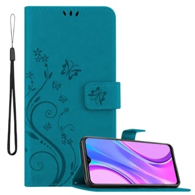 Abbildung von Cadorabo Hülle kompatibel mit Xiaomi RedMi 9 Blumen Design aus Premium Kunst Leder Flip Klappbare Stoßfeste Magnetische [Standfunktion] [Kartenfächern] Cover Case für Tasche in Blau
