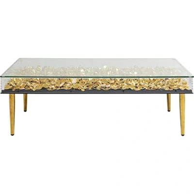 Abbildung von Kare Design Couchtisch Flowers, Gold, Wohnzimmertisch, Beistelltisch, Blumen Motiv, Holz Rahmen, Glas Tischplatte, handgearbeitet, rechteckig, 40x120x60 cm (H/B/T)