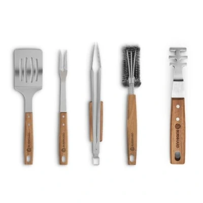 Abbildung von BURNHARD Grillbesteck Set 5 TLG. 42 cm, Akazienholz Edelstahl, Grillzubehör mit Grillzange, Grillwender, Fleischgabel, Grillbürste und Rostheber