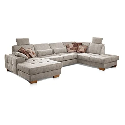 Abbildung von CAVADORE Wohnlandschaft Puccino mit Federkern, Sitztiefenverstellung und 2 Kopfstützen / Sofa in U Form im Landhausstil 340 x 86 224 cm Mikrofaser Creme