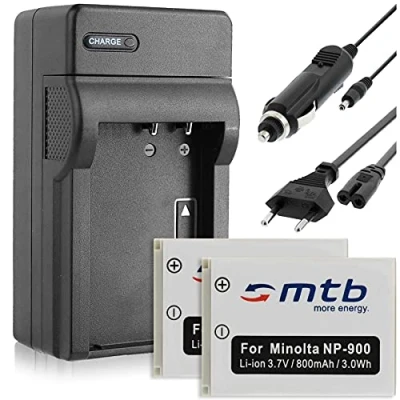 Abbildung von 2X Ersatz Akku + Ladegerät (Netz, KFZ) kompatibel mit Konica Minolta NP 900, Olympus Li 80B … (Siehe Beschreibung)