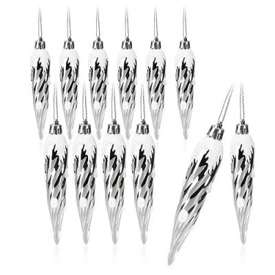 Abbildung von com four® 12x Christbaumanhänger Eiszapfen mit Schnee edler Tannenbaumschmuck zum Anhängen Christbaumschmuck für Winter und Weihnachtsbaum Dekoration (Silberfarben 12 Zapfen)