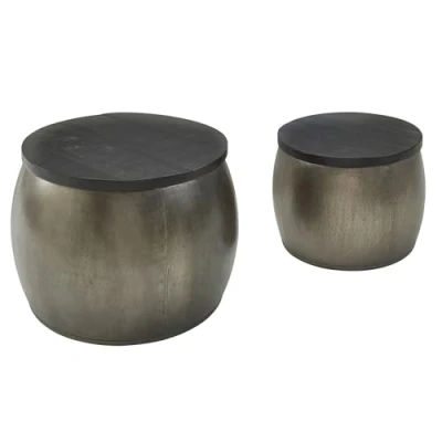 Abbildung von FineBuy Design Couchtisch 2er Set Mango Massivholz Satztisch Rund, Wohnzimmertisch Aluminium Abnehmbarer Deckel, Beistelltisch Modern Metall/Holz 2 teilig mit Stauraum