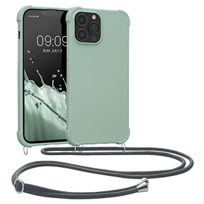Abbildung von kwmobile Necklace Case kompatibel mit Apple iPhone 13 Pro Max Hülle Cover Kordel zum Umhängen Silikon Schutzhülle Graugrün