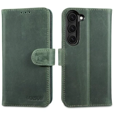 Abbildung von LENSUN Lederhülle für Samsung Galaxy S23, Echtleder Handyhülle [Kartenfach][Klappbar][Echtes Leder] Flip Hülle Handytasche S23 5G Retro Grün