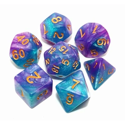 Abbildung von CREEBUY DND Würfelset, seeblau violette Rollenspiel Würfel, für Dungeon and Dragons, D&amp;D, Rollenspiele, Brettspiele, polyedrische Glitzerwürfel