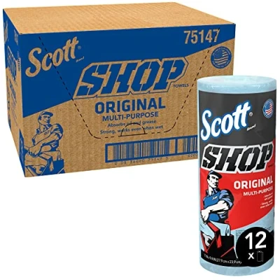 Abbildung von Scott Shop Towels Original 75147 Strapazierfähige Reinigungstücher in Blau 12 Packungen mit 1 blauen Rolle à 55 Einmaltücher (660 Papiertücher insgesamt)