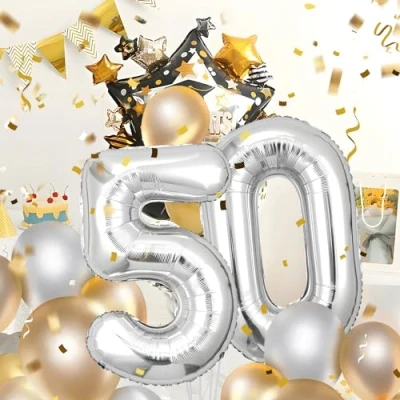 Abbildung von 50 Geburtstag Deko zahlen luftballon jahre Folienballon Sliber für 50. Geburtstagsdeko Männer Frauen Ballon Zahl zum fliegt mit Helium 50.Geburtstagsparty 40&quot; 101cm Sliver,