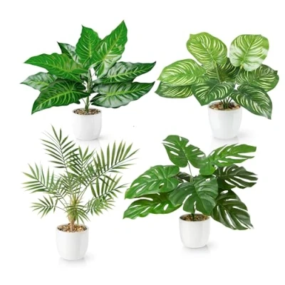 Abbildung von PASCH® 4er Set Tropische Kunstpflanzen wie echt (35cm) in weißen Keramiktöpfen: u.a. Monstera künstlich &amp; Areca Kunstpalme Künstliche Pflanzen im Topf Fake Plant Kunstblumen