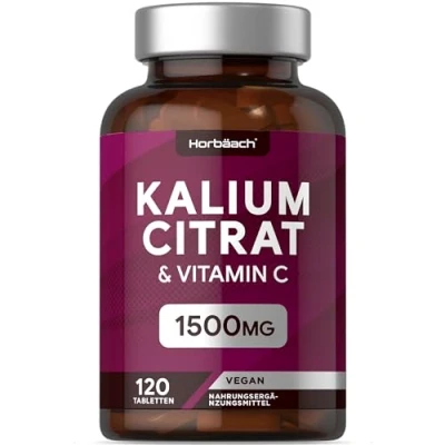 Abbildung von Kaliumcitrat Hochdosiert 1500mg pro Tagesdosis mit Vitamin C 120 Vegane Potassium Citrate Tabletten Kalium Supplement von Horbaach