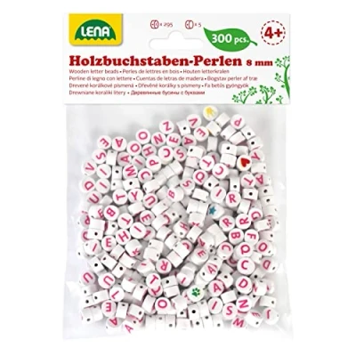 Abbildung von Lena 32050 Bastelset Buchstabenperlen aus Holz, 300 runden Fädelperlen und mit rosa Buchstaben, Holzperlen Set für Kinder ab 3 Jahre, zum selber basteln von Perlen Schmuck, Weiß, Mittel