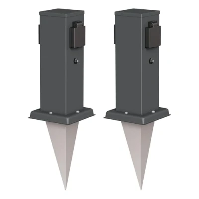 Abbildung von ledscom.de 2 Stück Garten Steckdosen Säule Polly mit Dämmerungssensor und Erdspieß für außen, Fach, anthrazit, eckig, 27cm