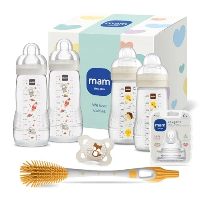 Abbildung von MAM Easy Active Baby Bottle Set 0+ Mon Babyflaschen für Neugeborene 94% Akzeptanz stillfreundlich 4 Trinkflaschen, 1 Original Schnuller, Sauger &amp; Soft Brush beige