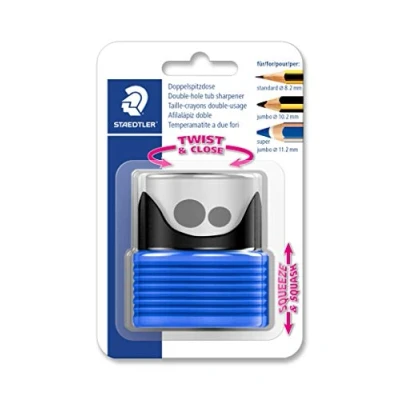Abbildung von STAEDTLER Doppelspitzdose mit Faltbalg, zwei Spitzlöcher für unterschiedliche Stiftformate, Blisterkarte 1 Spitzer blau/schwarz, 513007BK 3