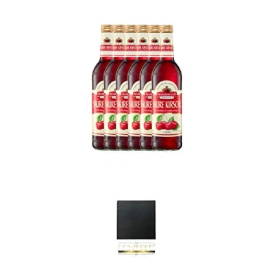 Abbildung von NORDBRAND Saure Kirsche 16% 6 x 0,7 Liter + Schiefer Glasuntersetzer eckig ca. 9,5 cm Durchmesser