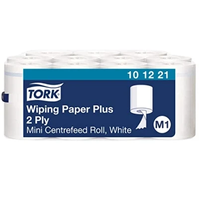 Abbildung von Tork 101221 Starke Mehrzweck Papierwischtücher für das M1 Innenabrollung Mini Spendersystem / 2 lagiges stabiles Papier in weiß, 11 x 214 Tücher (21,5 35 cm)