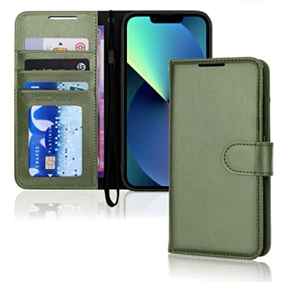Abbildung von TECHGEAR hülle iPhone 13 Leder PU Flip Schutzhülle Ledertasche [Brieftasche] Handyhülle mit Ständer und Handschlaufe Grün Kompatible