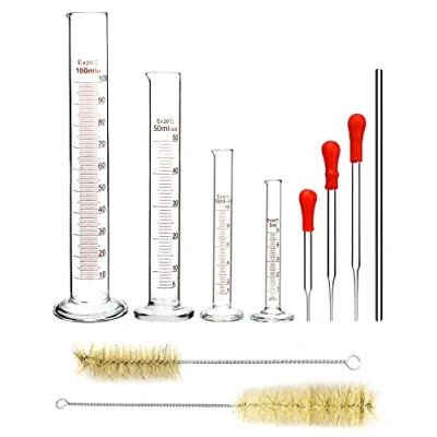 Abbildung von QWORK 4 Pcs Messzylinder Glas, 5 ml/10 ml/50 ml/100 ml, mit 3 Glaspipetten, 2 Bürst für Reagenzglas, 1 Glasrührstab