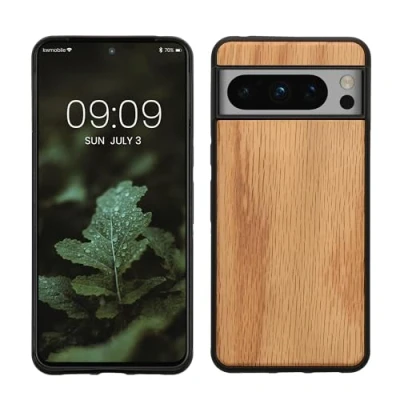 Abbildung von kwmobile Hülle kompatibel mit Google Pixel 8 Pro Holz Case stoßfestes Handy Cover TPU Handyhülle in Hellbraun Braun