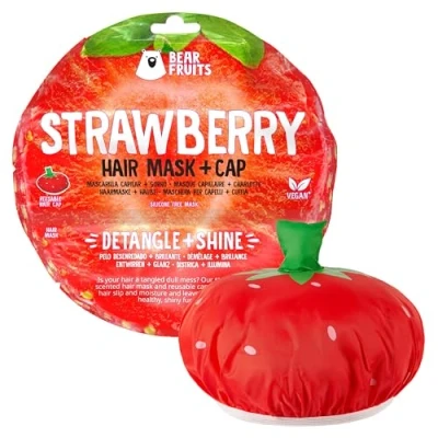 Abbildung von Bear Fruits Strawberry Entwirren + Glanz Haarmaske mit wiederverwendbarer Haube, 20 ml