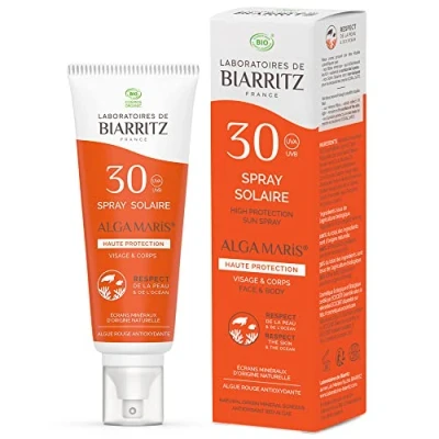 Abbildung von Laboratoires de Biarritz Sonnencreme Spray SPF30 Alga Maris zertifiziert Bio Gesicht und Körper für Erwachsene flüssige leichte Textur ohne weiße Flecken 100 ml hergestellt in