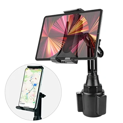 Abbildung von Phelinta Auto Tablet Halterung Getränkehalter, 2 in 1 Verstellbarer Ständer für iPad Pro 9.7, 10.5, 11/ Air Mini 6 5 4 3 2/ Samsung Galaxy Tab, Kfz Handyhalterung iPhone, Handys
