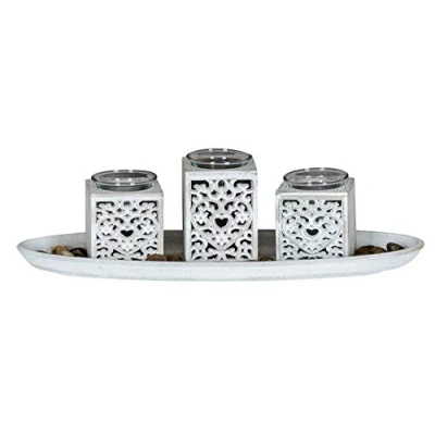 Abbildung von levandeo Teelichthalter Set B39cm Windlicht Holztablett Herz Ornament Weiß Shabby Chic Vintage Landhausstil Deko Teelichtset
