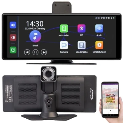 Abbildung von Lescars Dashcam: IPS HD Touchscreen, Android&amp;Apple CarPlay, 10,26&quot;/26 cm, 2K Frontcam (Auto Monitor, Kfz Dashcam, Navigationsgerät)