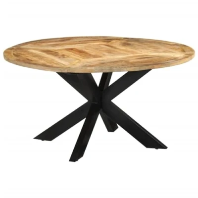 Abbildung von vidaXL Esstisch, Esszimmertisch mit Metallgestell, Rund Küchentisch Holzplatte, Tisch Holztisch Speisetisch, Massives Raues Mangoholz