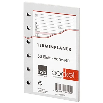 Abbildung von BSB Ersatzeinlage Adressen und Kontakte ca A7 6 Fach Lochung 50 Blatt für Pocket Terminplaner Organizer 02 0074