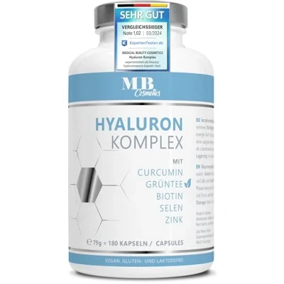 Abbildung von 180 Hyaluronsäure Kapseln hochdosiert mit Zink 600mg Hyaluron Curcumin und Grüntee Extrakt Vegane Biotin, Selen ohne Zusätze in Deutschland produziert &amp; laborgeprüft