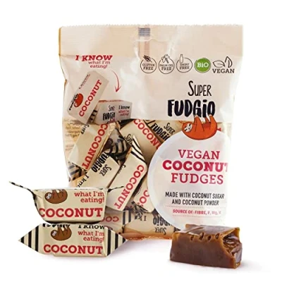Abbildung von SUPER FUDGiO Bio Bonbons Kokos Vegan und Glutenfrei Organic Karamellbonbons ohne Palmöl mit Kokosmilch Kokosnusszucker 150g Geschmack: Kokonuss