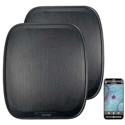 Abbildung von auvisio Onwall Lautsprecher: 2er Set Aktiver Stereo Wandlautsprecher mit Akku, FM Radio, BT 5.3 (Lautsprecher USB, Bluetooth, Flache Lautsprecher)