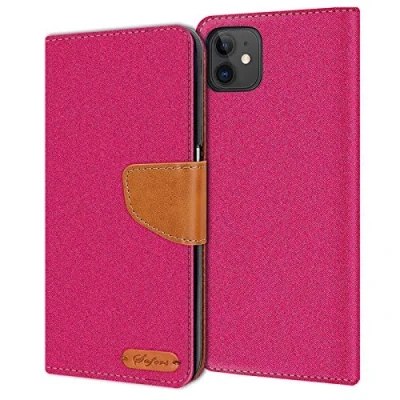 Abbildung von Verco kompatibel mit Apple iPhone 11 Hülle, Schutzhülle für Tasche Denim Textil Book Case Flip (6,1 Zoll) Klapphülle Pink