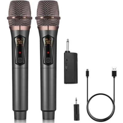 Abbildung von ALPOWL Mikrofon kabellos, UHF Dual Hand Funkmikrofon mit Wiederaufladbarem Empfänger, 50 Stunden Laufzeit Schnurloses Handmikrofon Set für Karaoke Kirche Gesang Rede Party Hochzeit