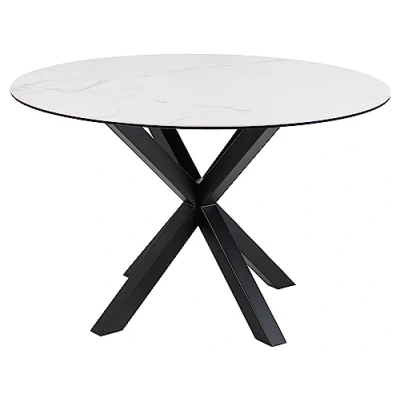 Abbildung von AC Design Furniture Heather Runder Esstisch für 4 Personen, Tischplatte in Weißer Marmoroptik und Metallkreuzgestell, Küchentisch mit Keramikoberfläche, Hitzebeständig, Kratzfest, Ø: 119 x H: 75,5 cm