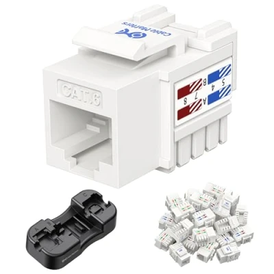 Abbildung von [UL Zertifiziert] Cable Matters 25er Pack Cat 6 Keystone Jack (Keystone RJ45, Modul, RJ45 Buchse) in Weiß und Punch Down Stand