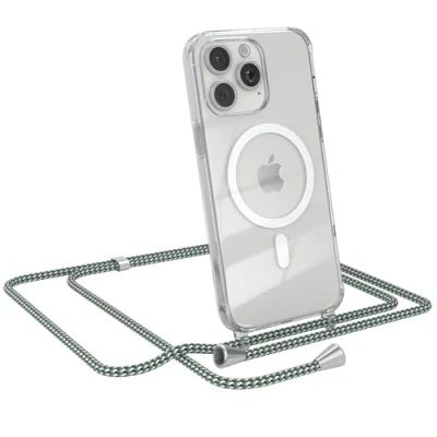 Abbildung von EAZY CASE Handykette kompatibel mit iPhone 15 Pro Max Kette zum Umhängen Handyhülle für Silikon Hülle Band Transparent als Fallschutz in Hellgrün Camouflage Clips Silber