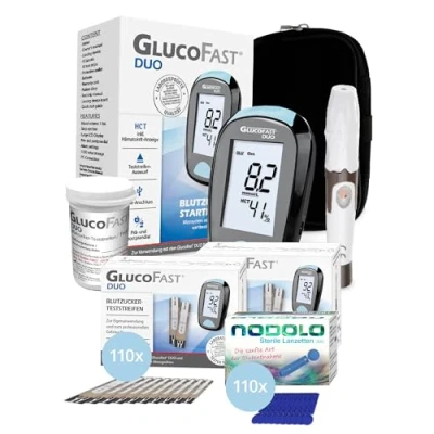 Abbildung von GLUCOFAST Blutzuckermessgerät DUO in MG, komplettset, Ink. 110 Blutzucker Teststreifen, Lanzetten und 1 Lanzettiergerät