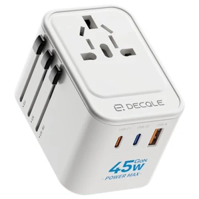 Abbildung von decqle Reiseadapter Weltweit, Universal Reisestecker mit 2 USB C (GaN 45W), 1 A und AC Steckdose, Internationaler Steckdosenadapter, Universaladapter für EU, UK, US, AU (Weiß)