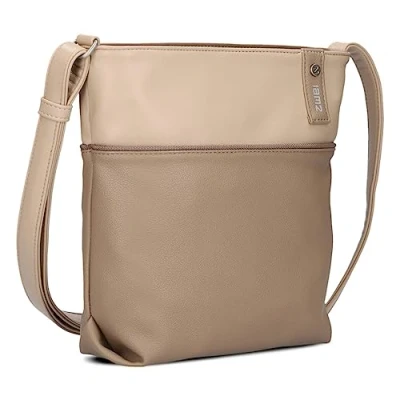 Abbildung von Zwei Damen Umhängetasche JANA J10 Crossbody Bag 5 Liter Handtasche im Canvas Stil Bicolor Design + passender Kosmetikbeutel/Geldbeutel gratis (hazel)