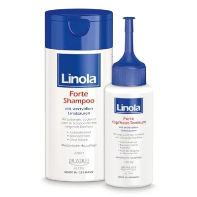Abbildung von Linola Forte Shampoo + Kopfhaut Tonikum 200 ml 100 Pflege Set gegen trockene und Schuppenflechte Haarshampoo Haarwasser Juckreiz
