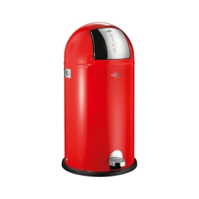 Abbildung von Wesco Kickboy Tretabfalleimer in der Farbe rot, pulverbeschichtetes Stahlblech, 40 Liter Volumen, klappe aus Edelstahl, verchromter Kunststoff Fußtritt