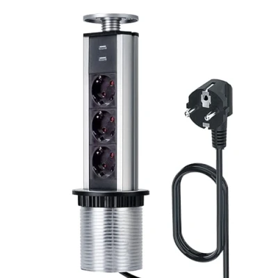 Abbildung von LEUTED 3 Fach Versenkbare Steckdose küche, Tischsteckdose mit 2 USB, Tischsteckdosenleiste Kindersicherung und 1.8m Kabel, komplett in Tischplatte, Mehrfachsteckdose für Büro Küche Werkstatt Ø80mm