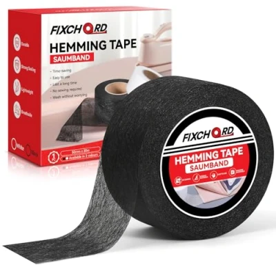 Abbildung von FIXCHORD Saumband, Saumband zum Aufbügeln, Bügelband kürzen für Vorhänge, Bügelkleber Textilien, Gardinen ohne Nähen (Schwarz, 30m x 50mm)