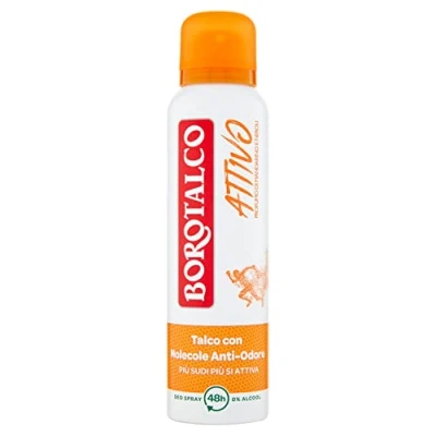 Abbildung von Borotalco, Deodorant Aktiv Spray Orange, Formel ohne Alkohol und mit Talkum geruchshemmenden Molekülen, frische Wirksamkeit, 48h Duft von Mandarine Neroli 1 Flasche 150 ml
